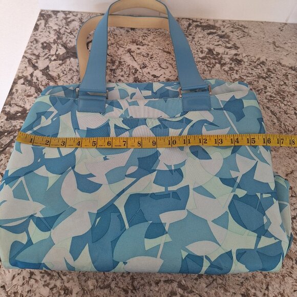 Tumi Womens Open Top Tote Handbag Double Strap, Blue  Leaf Canvas, Leather Trim - Picture 12 of 12